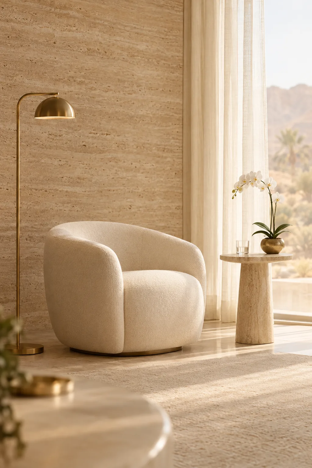 Private consultation room with a travertine wall, ivory armchair and warm light through linen curtains